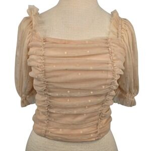 H&M Women's Top Small NWT Sheer Mesh Ruched Puff Sleeve Polka Dot Beige Romantic